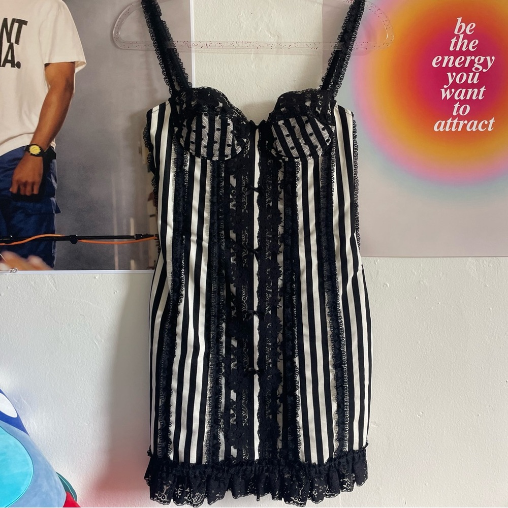 Black, striped, lace corset dress